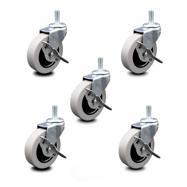 3 Inch Thermoplastic Wheel 8mm Threaded Stem Caster Set with Brakes SCC, 5PK
